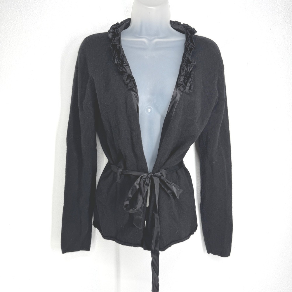 Adrienne Vittadini 100% Cashmere Ruffle Trim Wrap Cardigan Sweater Size S Black